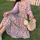 Plain 3/4-sleeve Blouse / Flower Print Midi Jumper Dress