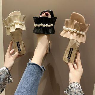 Faux Pearl Ruffle Strap Block Heel Slide Sandals