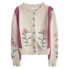 Long-sleeve Flower Embroidered Knit Cardigan Cardigan - One Size