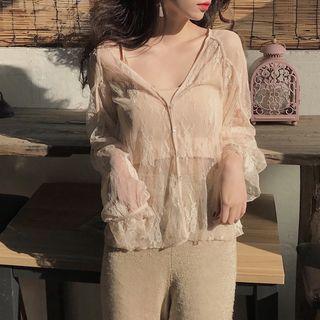 Long-sleeve Lace Blouse + Tank Top As Shown In Figure - One Size