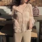 Long-sleeve Lace Blouse + Tank Top As Shown In Figure - One Size