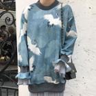 Crane Print Mock Two-piece Pullover Dress Blue - One Size