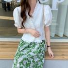 Puff-sleeve Ruffled Button-up Top / Floral Print Midi A-line Skirt