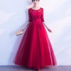 Elbow-sleeve Lace A-line Wedding Gown