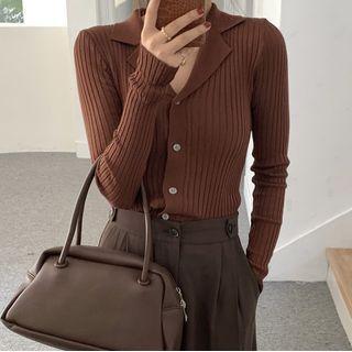 Long-sleeve Open-collar Button-up Knit Top