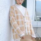 Plaid V-neck Long-sleeve Cardigan As Shown In Figure - One Size