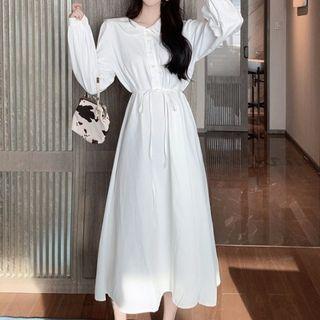 Long-sleeve Peter Pan Collar Tie Waist Plain Dress