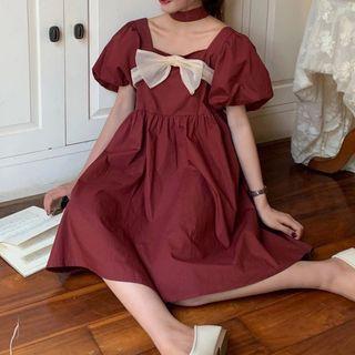 Puff-sleeve Bow-front A-line Dress