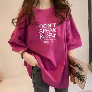 Elbow-sleeve Crew Neck Lettering Long T-shirt