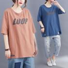 Elbow-sleeve Ripped Letter Print T-shirt