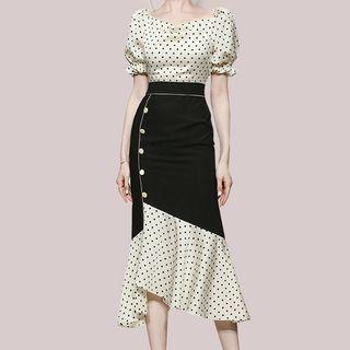 Set: Puff-sleeve Dotted Top + Ruffle Hem Midi Pencil Skirt