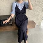 Puff-sleeve Mock Two-piece Midi A-line Dress