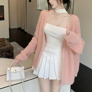 Pleated Mini A-line Skirt / Open-front Cardigan / Strapless Top