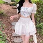 Puff-sleeve Floral Top / Mini A-line Skirt