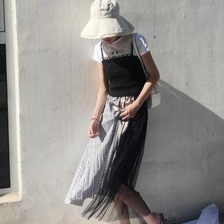 Color-block Striped Mesh Midi-skirt