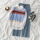 High-waist Wide-leg Jeans / Long-sleeve Plain Shirt / Knit Vest