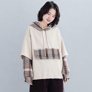Plaid Panel Hoodie Almond - One Size