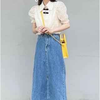 Puff-sleeve Dotted Shirt / Front-slit Denim Midi A-line Skirt / Set