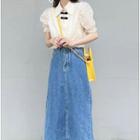 Puff-sleeve Dotted Shirt / Front-slit Denim Midi A-line Skirt / Set