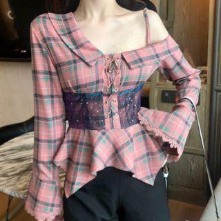 Long-sleeve Asymmetric Plaid Top