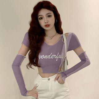 Set: Two-tone Irregular Cropped T-shirt + Arm Sleeves