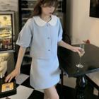 Contrast Collar Blouse / Mini A-line Skirt