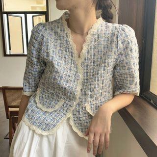 Short-sleeve Button-up Plaid Top