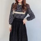 Lace Panel Long-sleeve Floral Shirt / A-line Corduroy Semi Skirt