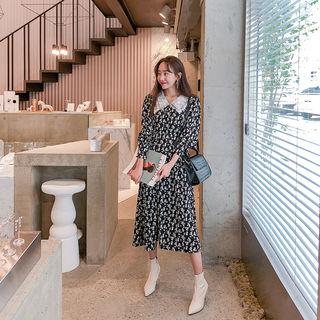 Lace-collar Floral Crepe Long Dress Dark Navy Blue - One Size