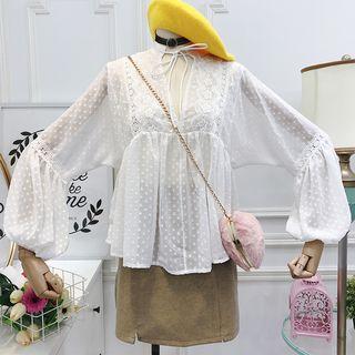 Lantern-sleeve Lace Panel Chiffon Top