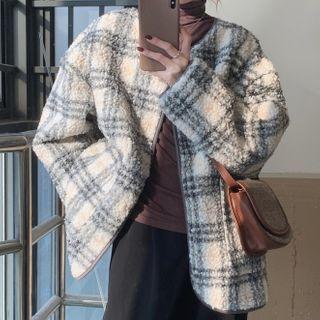 Fleece Plaid Open-front Jacket Plaid - Blue & White - One Size