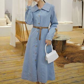 Long-sleeve Buckled Midi A-line Denim Shirt Dress