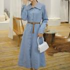 Long-sleeve Buckled Midi A-line Denim Shirt Dress