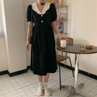 Short-sleeve Collar Color-block Midi Dress