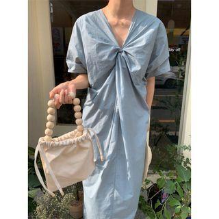 Short-sleeve Twist-front Midi Shift Dress