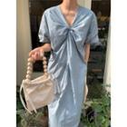 Short-sleeve Twist-front Midi Shift Dress