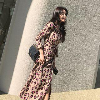 Long-sleeve Leopard Print Maxi Sheath Knit Dress