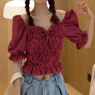 Plaid Off-shoulder Blouse Top - One Size