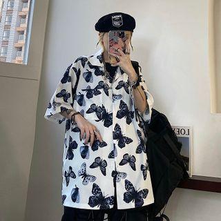 Butterfly Patterned Short-sleeve Button-down Shirt White - One Size