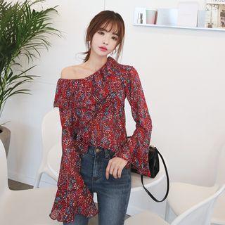 Ruffle-collar Floral Chiffon Blouse