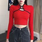 Long-sleeve Frog Button Cropped Top