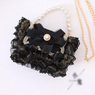 Faux Pearl Top Handle Lace Crossbody Bag With Metal Chain & Faux Pearl Handle Chain - Black - One Size