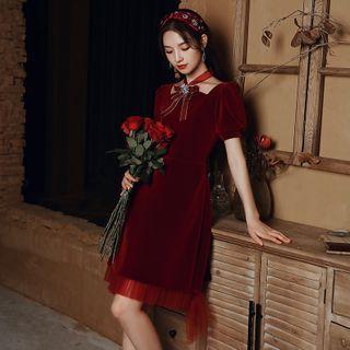 Short-sleeve Velvet Mesh Trim Evening Dress