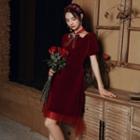 Short-sleeve Velvet Mesh Trim Evening Dress