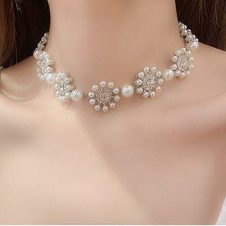Faux Pearl Flower Choker 1 Pc - Faux Pearl Flower Choker - Silver - One Size