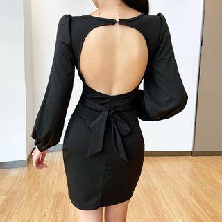 Puff-sleeve Open Back Sheath Dress