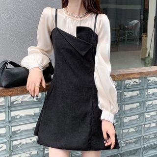 Set: Long-sleeve Blouse + Spaghetti Strap Mini A-line Dress