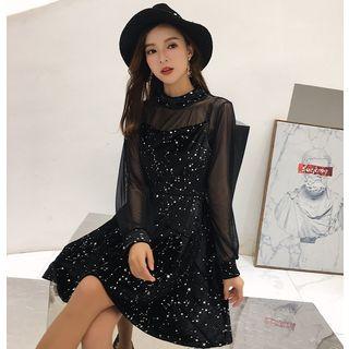 Set: Sheer Blouse + Spaghetti-strap Star Print A-line Dress