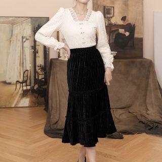 Set: Lace Trim Blouse + Glitter Midi A-line Skirt