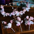 Wedding Set: Satin Faux Pearl Flower Hoop Earring + Hair Stick 3pcs - Headpiece & Earring - Pink - One Size